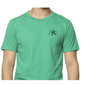 Green t-shirt with small chest logo.