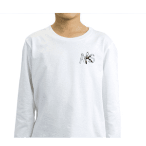 Child wearing white shirt with logo.