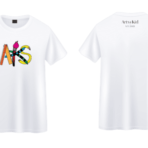 White T-shirt with colorful "AKS" design.