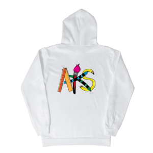 White hoodie with colorful "NKS" design.