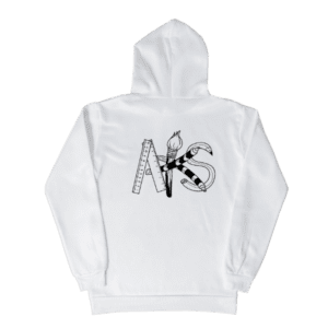White hoodie with artistic "N/S" design.