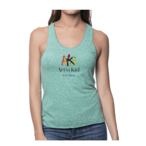 Woman wearing green tank top, "Artsy Kid" text.