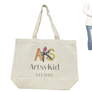 Canvas tote bag with ArtsyKid Studio logo.