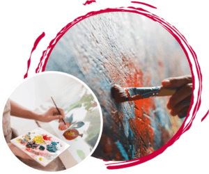 Artist painting on canvas with palette closeup