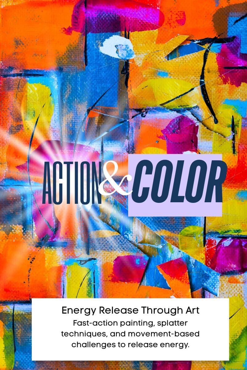 Abstract colorful painting with dynamic text overlay.