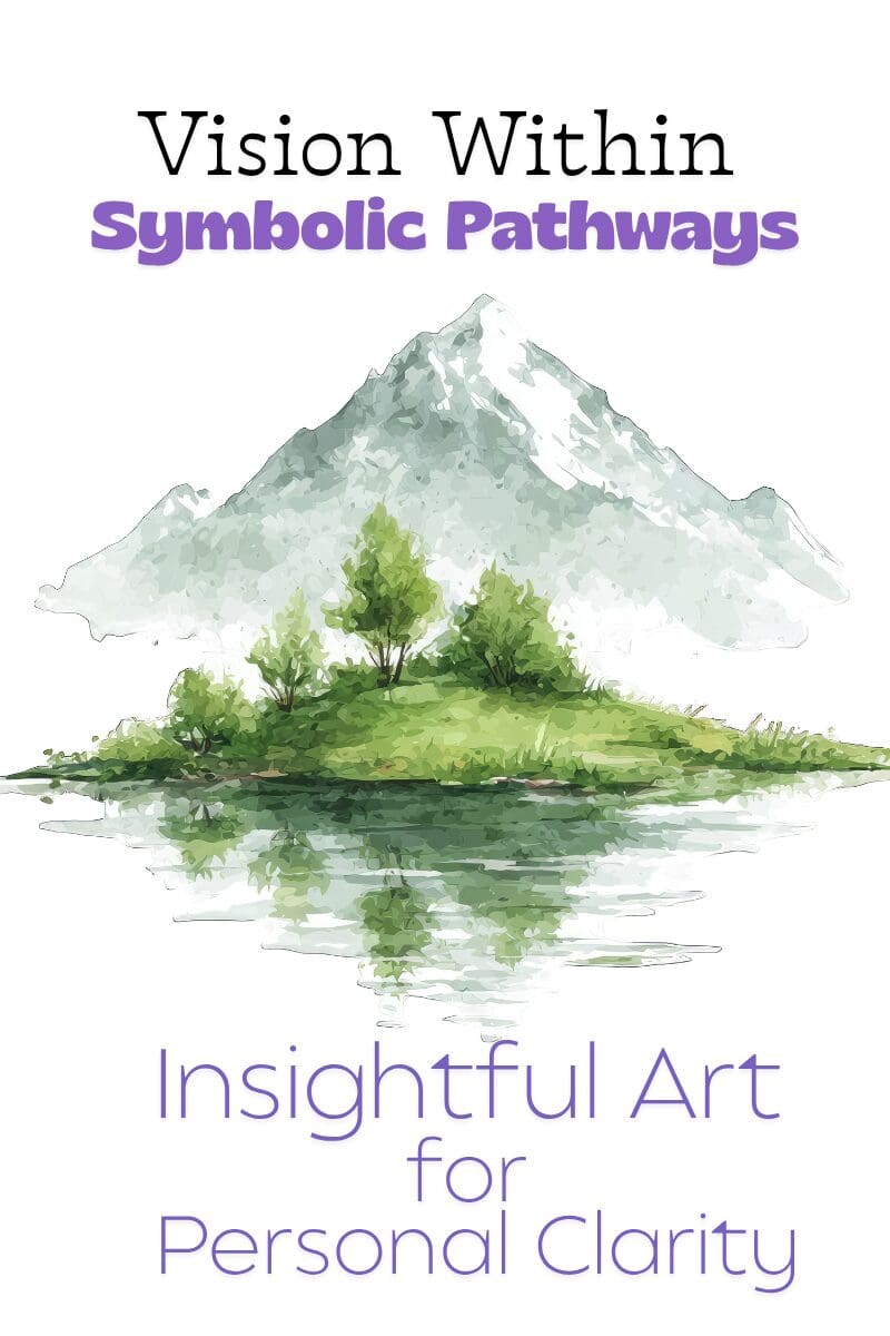 Mountain reflection painting with inspirational text.