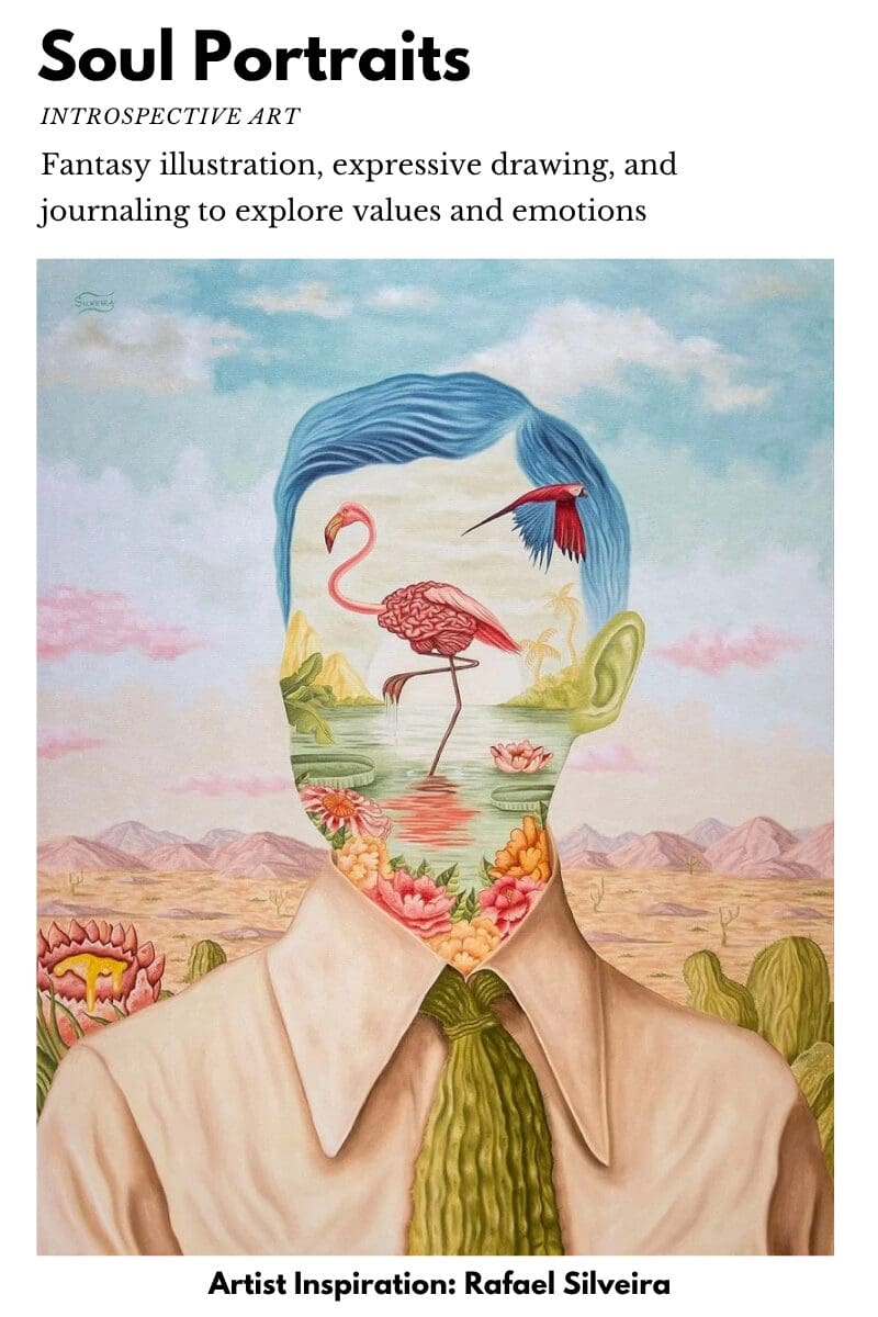 Surreal portrait with nature and flamingo elements.