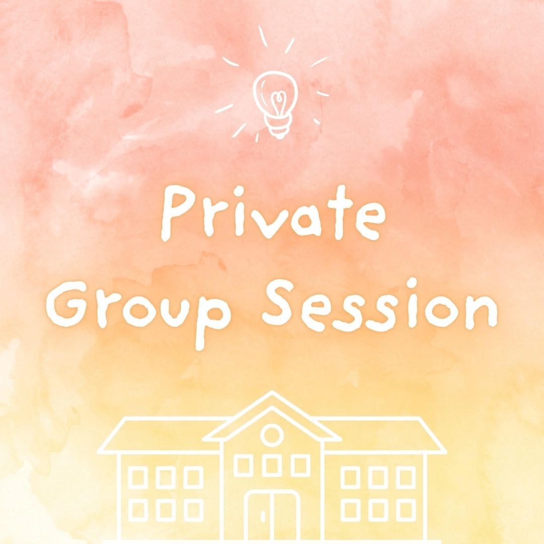 Private Group Session text, lightbulb, building illustration.