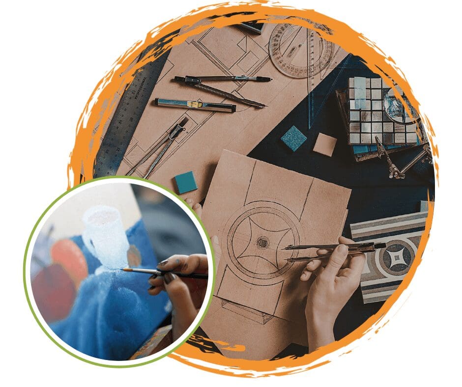 Hands drawing geometric sketches and painting canvas.