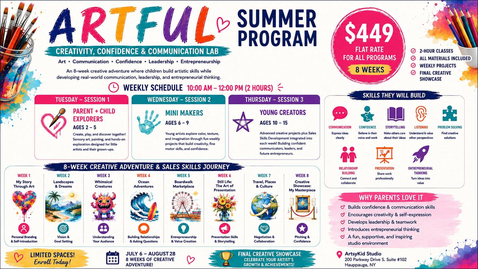 Colorful summer art program flyer for children