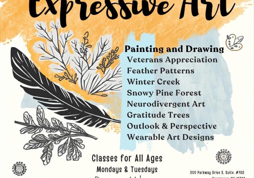 Expressive art classes flyer with various themes.