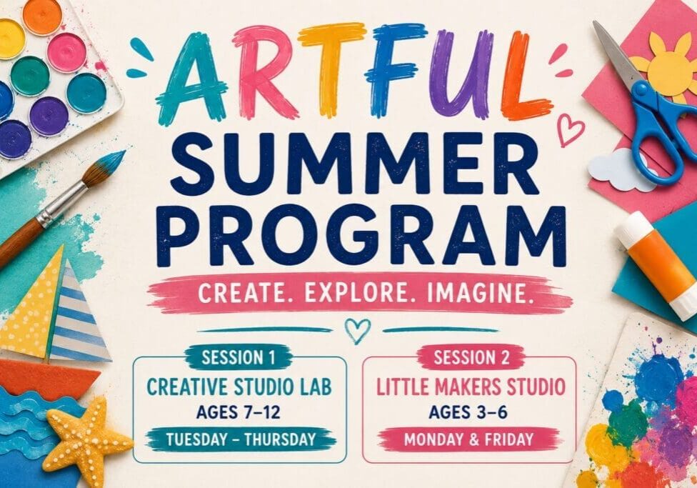Artful summer program poster with craft supplies