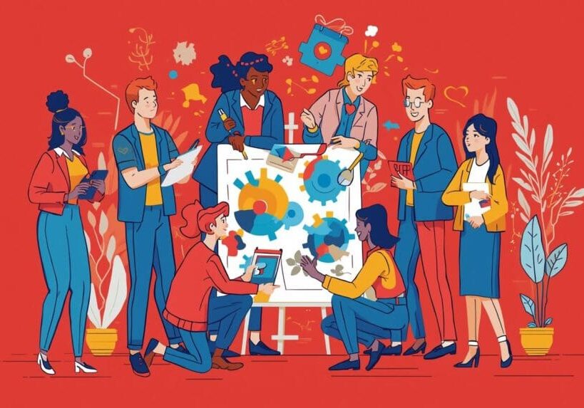 Illustration of diverse team collaborating on project.