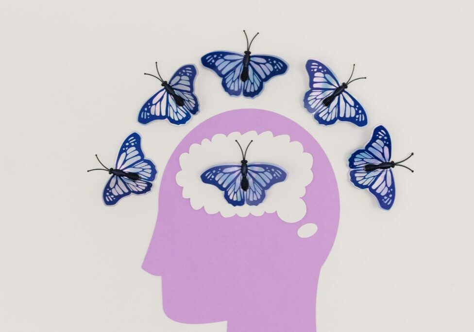 Purple head silhouette with blue butterflies above.